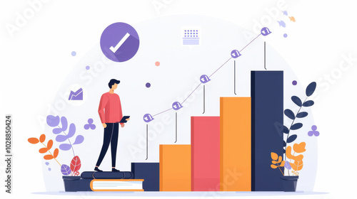 person stands on books, analyzing finance graph that shows growth and correlation. colorful bars and icons symbolize progress and achievement in financial planning