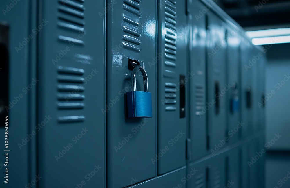 Close-up of gray lockers with blue locks in an office Close-up of gray lockers with blue locks in an office