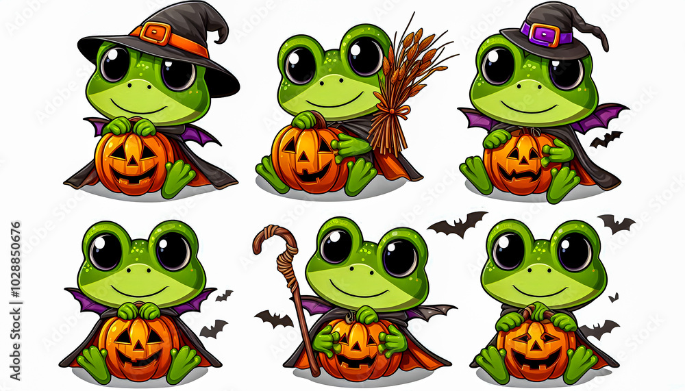 Clipart of set a funny Halloween baby frog, isolated on a white background Clipart of set a funny Halloween baby frog, isolated on a white background