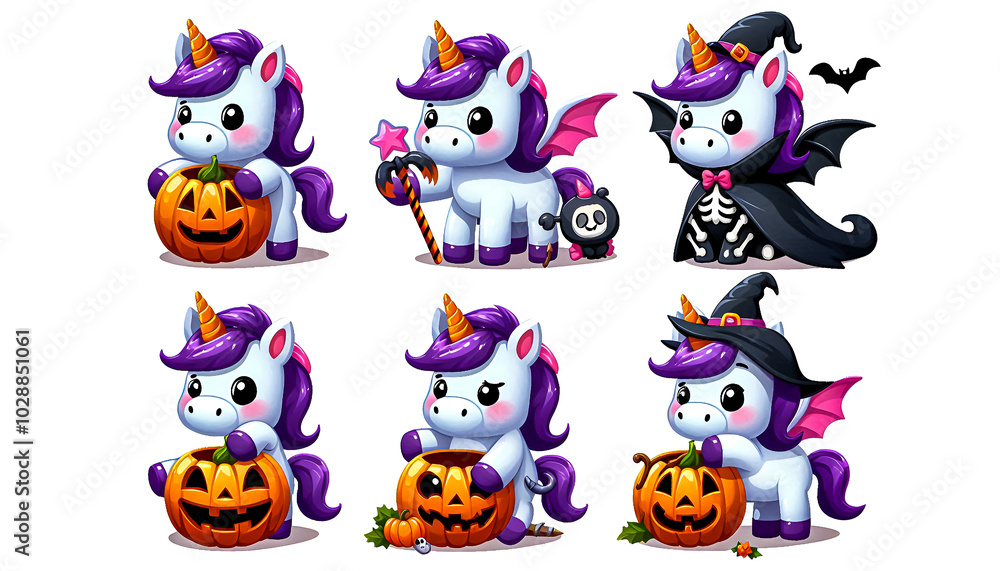 Cartoon Clipart set of a funny Halloween unicorn, isolated on a white background Cartoon Clipart set of a funny Halloween unicorn, isolated on a white background