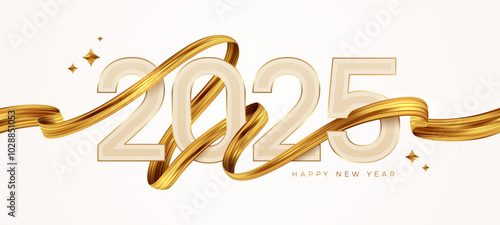 2025 New Year  logo with golden paint brushstroke..   New Year sign with golden fluttering ribbon. Vector illustration.