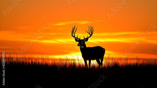 Silhouette of a deer against a vibrant sunset sky.