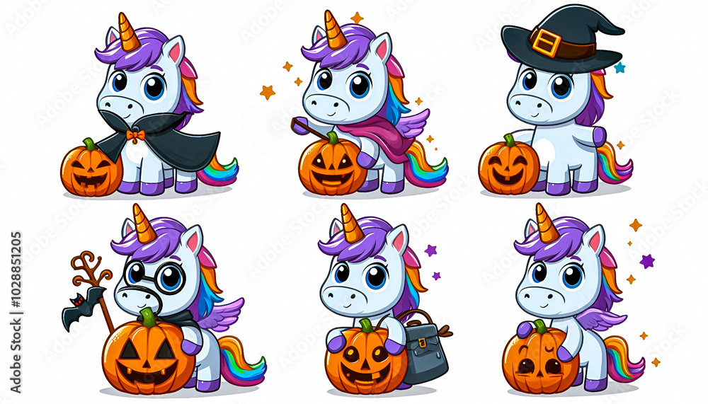 Obraz premium Cartoon Clipart set of a funny Halloween unicorn, isolated on a white background 