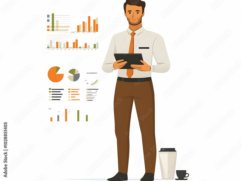 Flat Vector Illustration of Confident Businessperson Holding Tablet with Financial Charts - Emphasizing Leadership and Financial Insight for Corporate Banners and Advertisements. Flat Vector Illustration of Confident Businessperson Holding Tablet with Financial Charts - Emphasizing Leadership and Financial Insight for Corporate Banners and Advertisements.