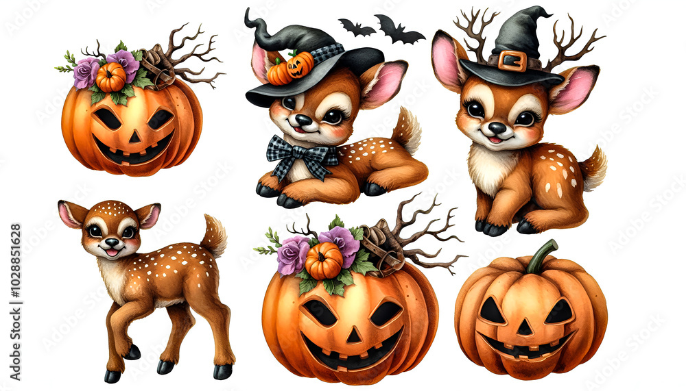 Watercolor Clipart set of a funny Halloween baby deer, isolated on a white background Watercolor Clipart set of a funny Halloween baby deer, isolated on a white background