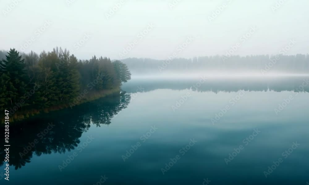 Foggy Morning Over a Still Lake with Reflections Foggy Morning Over a Still Lake with Reflections