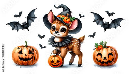 Watercolor cute Clipart of a funny Halloween baby deer, isolated on a white background