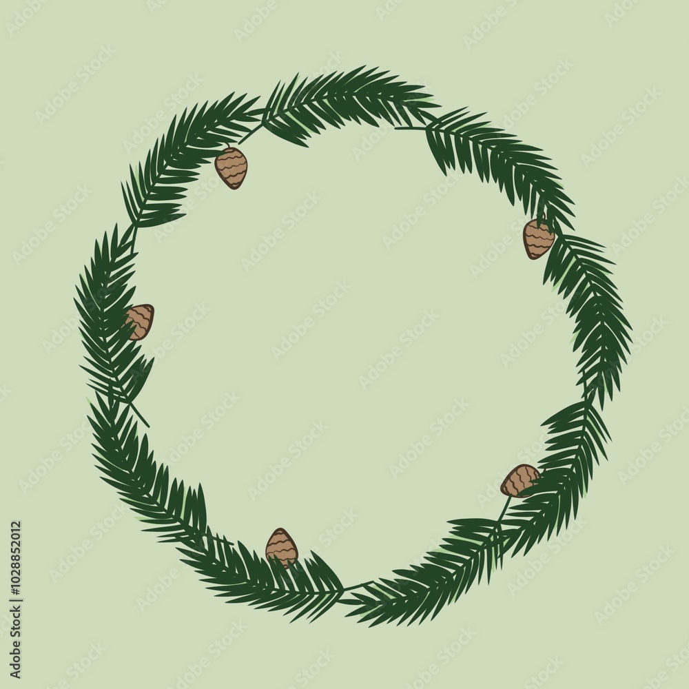 Christmas wreath with branches and cones round frame on green background.
Christmas wreath with branches and cones round frame on green background.