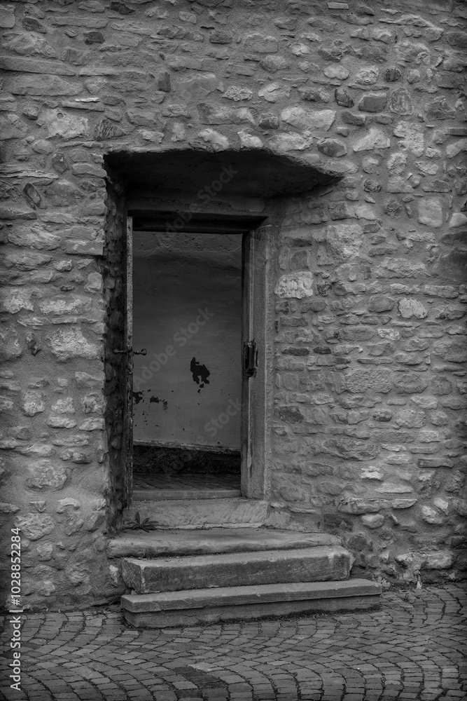 A stone doorway with a wooden door and three steps leads into a dark room A stone doorway with a wooden door and three steps leads into a dark room