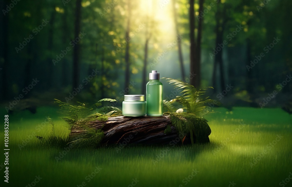 Fototapeta premium A green cream jar and a bottle of lotion sit on a mossy log in the forest.