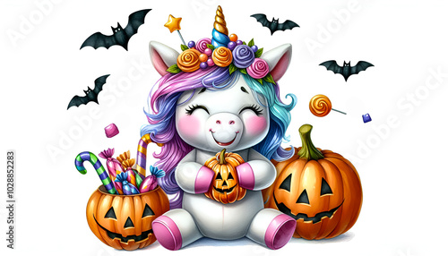 Watercolor Clipart of a funny Halloween unicorn with candies, isolated on a white background 