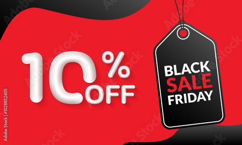 10 percent price off. Black Friday sale banner with hanging price tag. Discount banner, label, flyer design. Promo and marketing poster template. Vector illustration.