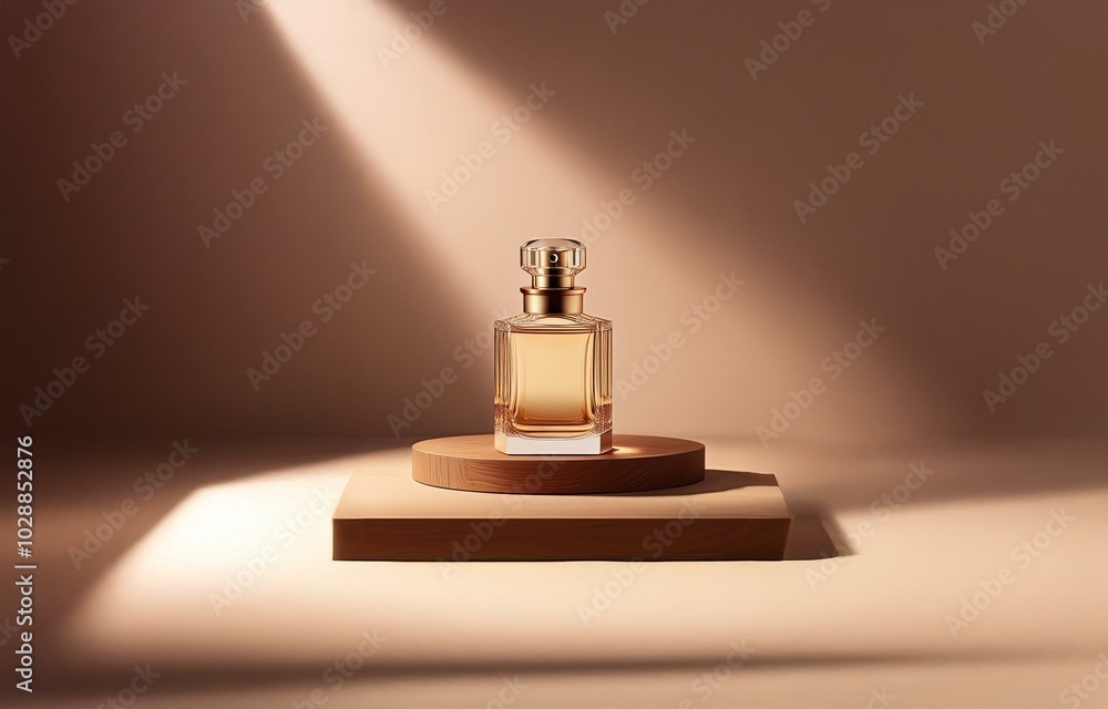 A single perfume bottle sits on a wooden platform with a soft light shining on it. A single perfume bottle sits on a wooden platform with a soft light shining on it.