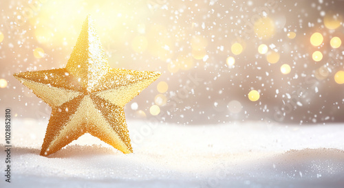 Golden Christmas Star Decoration on Snowy Surface with Sparkling Bokeh Lights Background - Festive Holiday Season and New Year’s Eve Celebration Concept photo