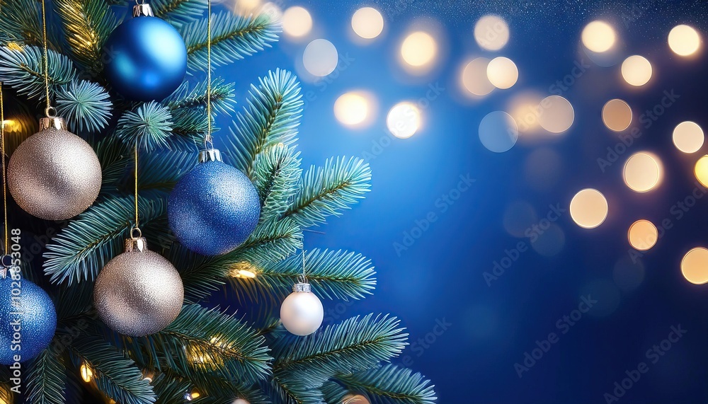 christmas tree decorations and glowing lights on defocused blue background christmas tree decorations and glowing lights on defocused blue background