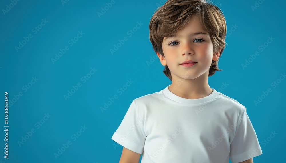 Young boy wearing a white shirt against a blue background for design mock-up Young boy wearing a white shirt against a blue background for design mock-up
