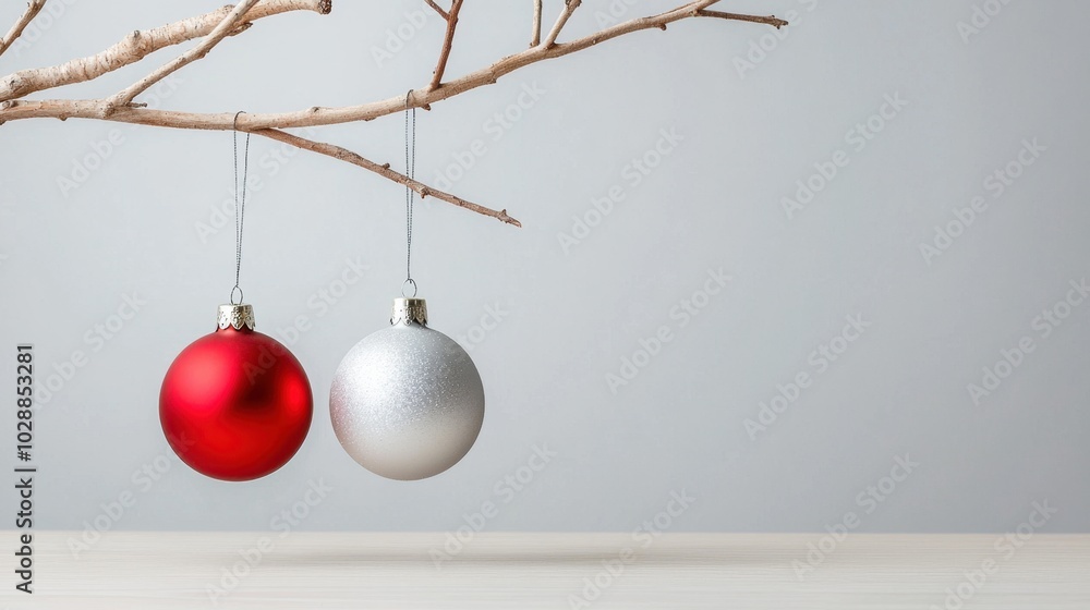 Two ornaments hanging on bare branch in minimal winter decor Two ornaments hanging on bare branch in minimal winter decor