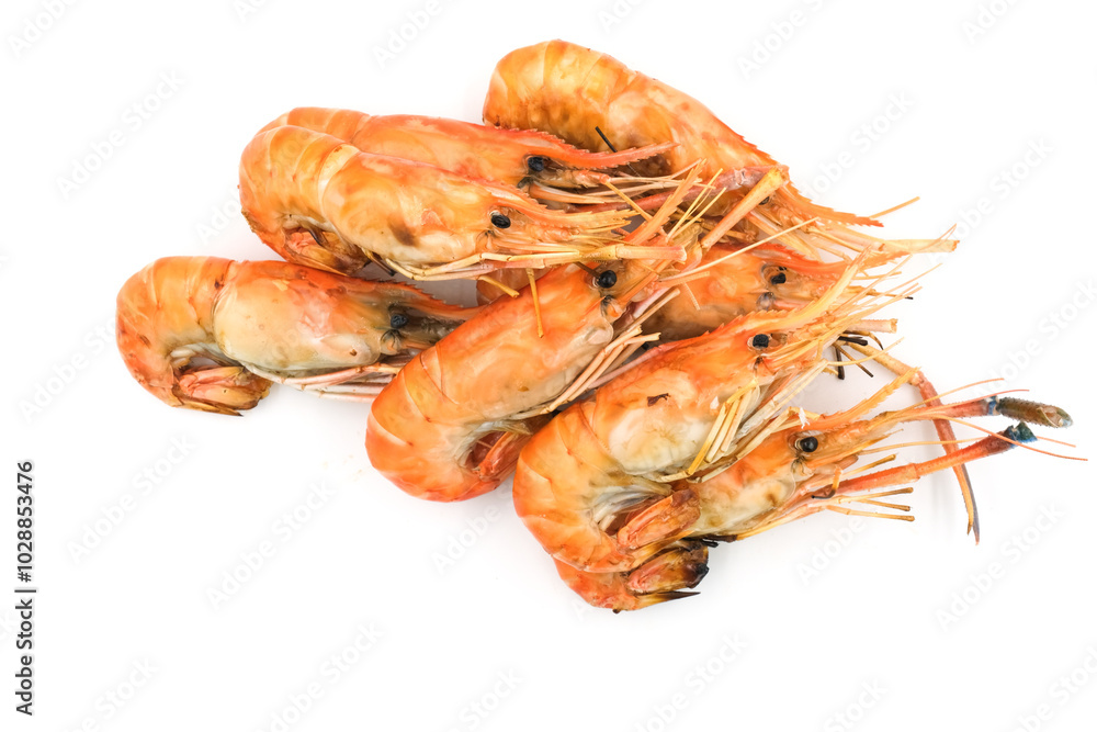 Grilled shrimp on a white background. Seafood. Natural symptoms Grilled shrimp on a white background. Seafood. Natural symptoms