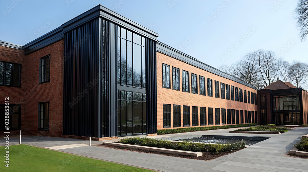 Modern building with brick and glass facade in a landscaped area. Modern building with brick and glass facade in a landscaped area.