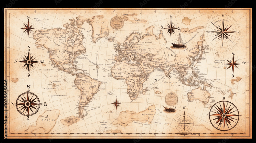 Obraz premium Vintage world map with antique cartography design featuring continents, oceans, compass roses, and illustrative sailing ships on a sepia background enhancing historical aesthetics.
