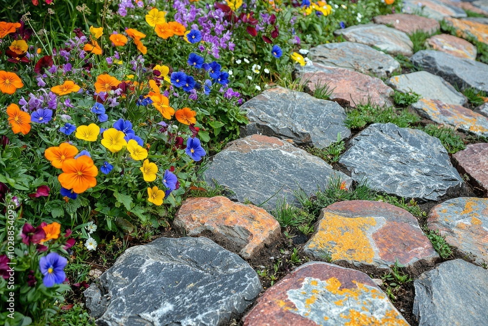 Colorful Flowers Blooming Along a Stone Path Colorful Flowers Blooming Along a Stone Path