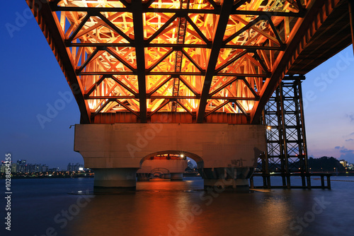 Night view of Seongsan Bridge on Han River near Mapo-gu, Seoul, Korea photo