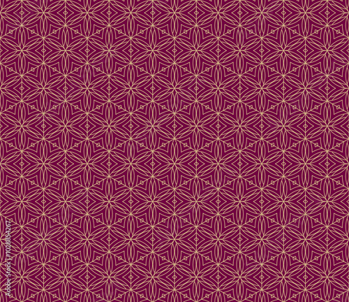 Subtle golden linear geometric seamless pattern with floral silhouettes, leaves, hexagonal grid, thin curved lines. Maroon and gold abstract texture. Vector luxury background. Repeating geo design
