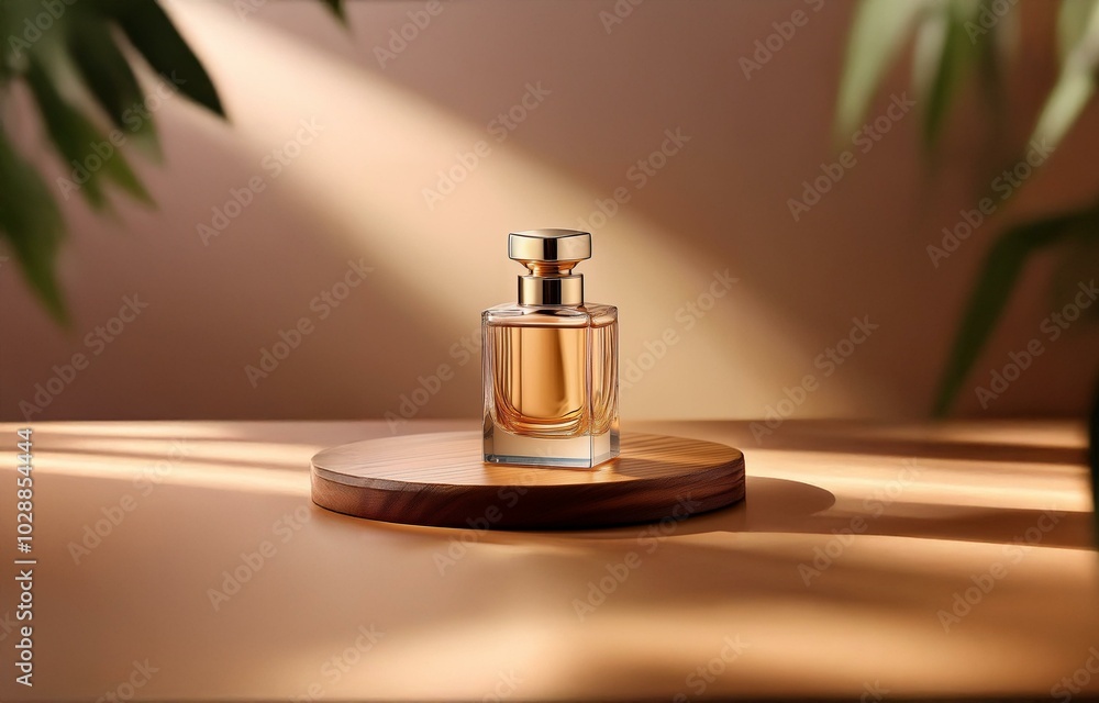 A bottle of perfume stands on a wooden podium with light streaming through the background. A bottle of perfume stands on a wooden podium with light streaming through the background.