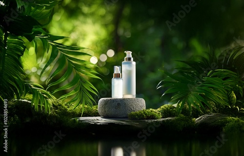 Two bottles of lotion sit on a stone amongst moss-covered rocks and lush green foliage.