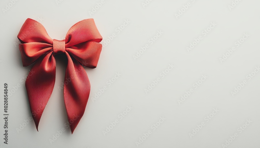 Red ribbon bow placed elegantly on a simple white background for decoration Red ribbon bow placed elegantly on a simple white background for decoration