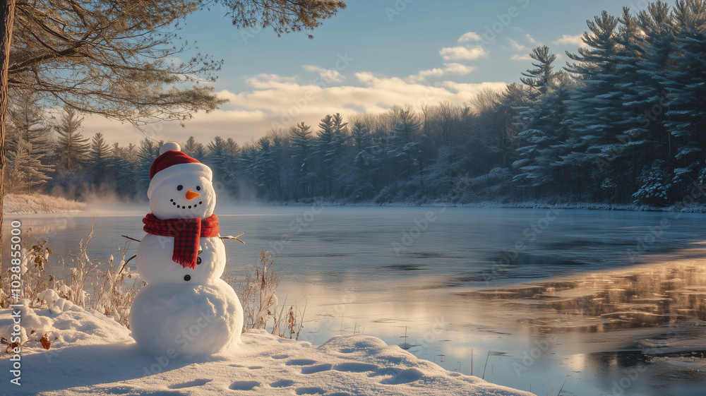 Fototapeta premium Snowman with red scarf by frozen lake during winter