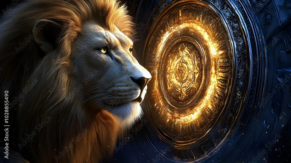 A majestic lion gazes at a glowing, ornate circular object. A majestic lion gazes at a glowing, ornate circular object.