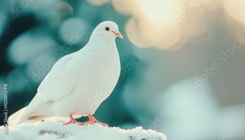 A solitary white dove perched quietly against a softly blurred background