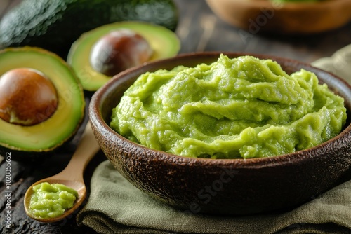 Close-up of Creamy Green Guacamole in a Brown Bowl with Avocado Halves