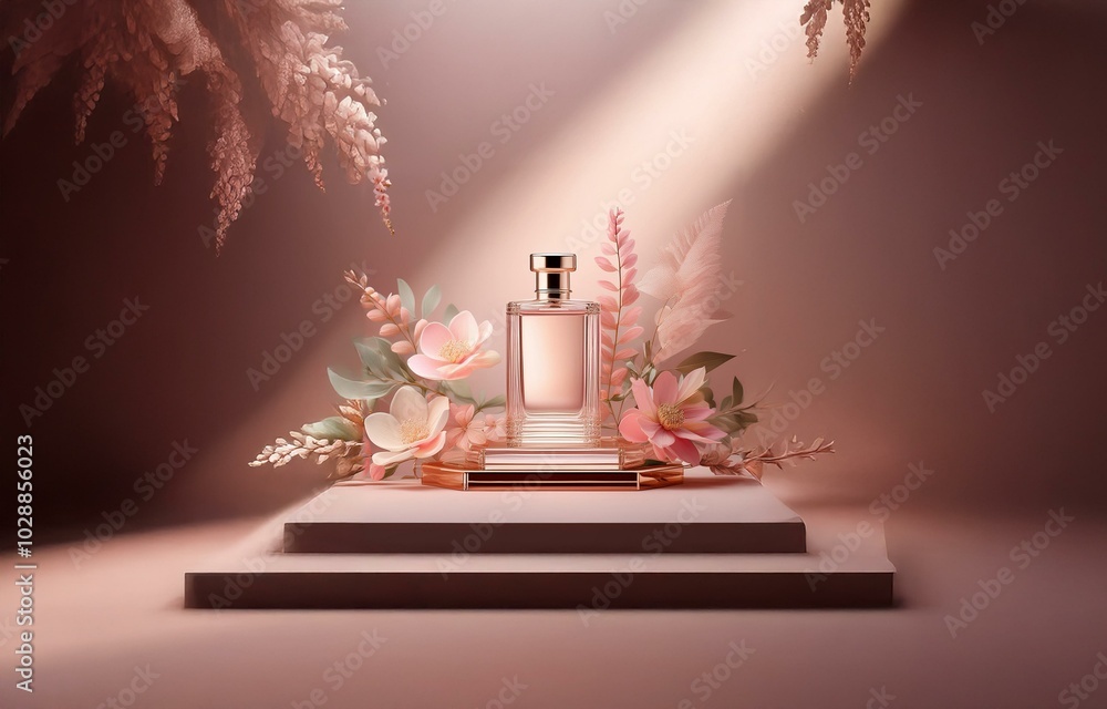 A pink glass perfume bottle on a podium, surrounded by delicate pink flowers and light beams through the soft pink background. A pink glass perfume bottle on a podium, surrounded by delicate pink flowers and light beams through the soft pink background.