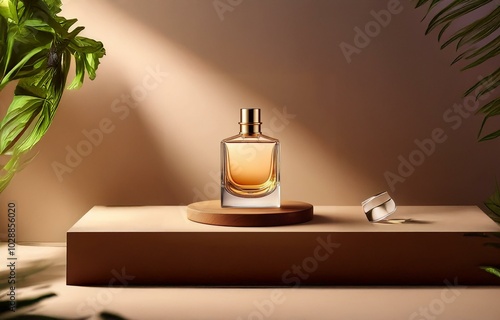 Wallpaper Mural A glass perfume bottle with a gold cap sits on a wooden platform against a neutral beige background.  Sunlight shines through the bottle. Torontodigital.ca