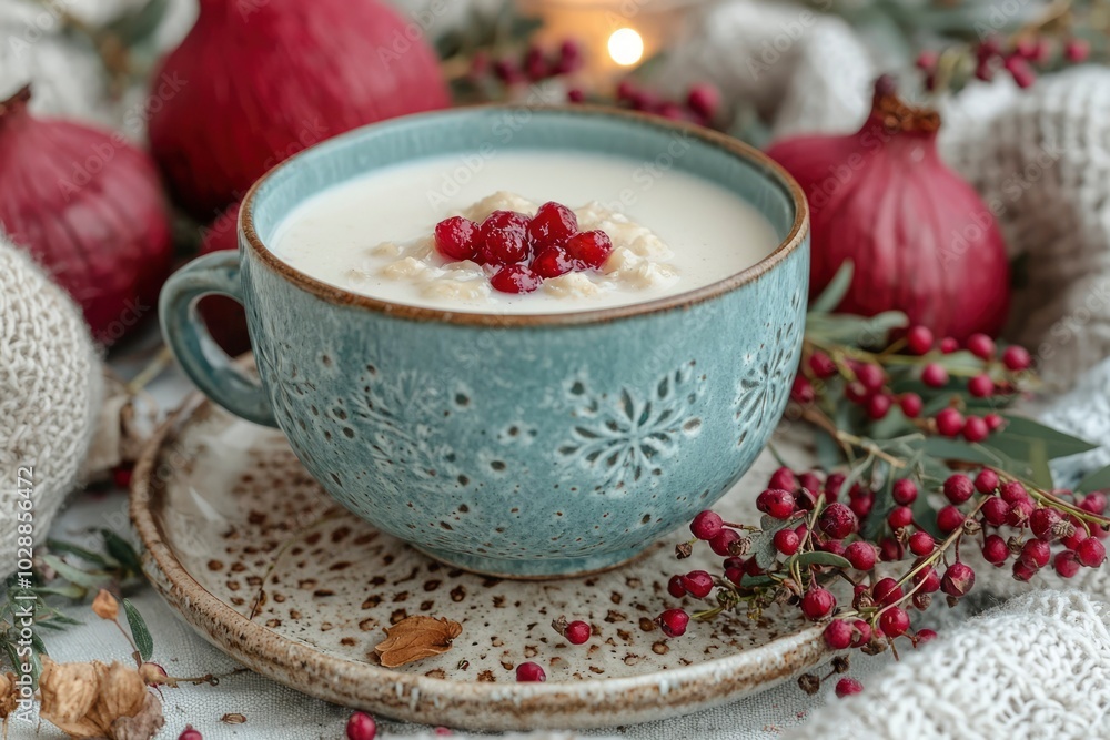 Blue Ceramic Bowl Filled with Creamy Porridge and Red Berries Blue Ceramic Bowl Filled with Creamy Porridge and Red Berries