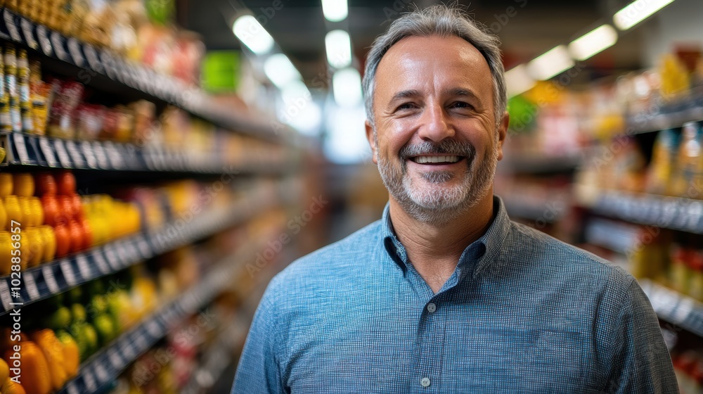Smiling man in a grocery store aisle Smiling man in a grocery store aisle