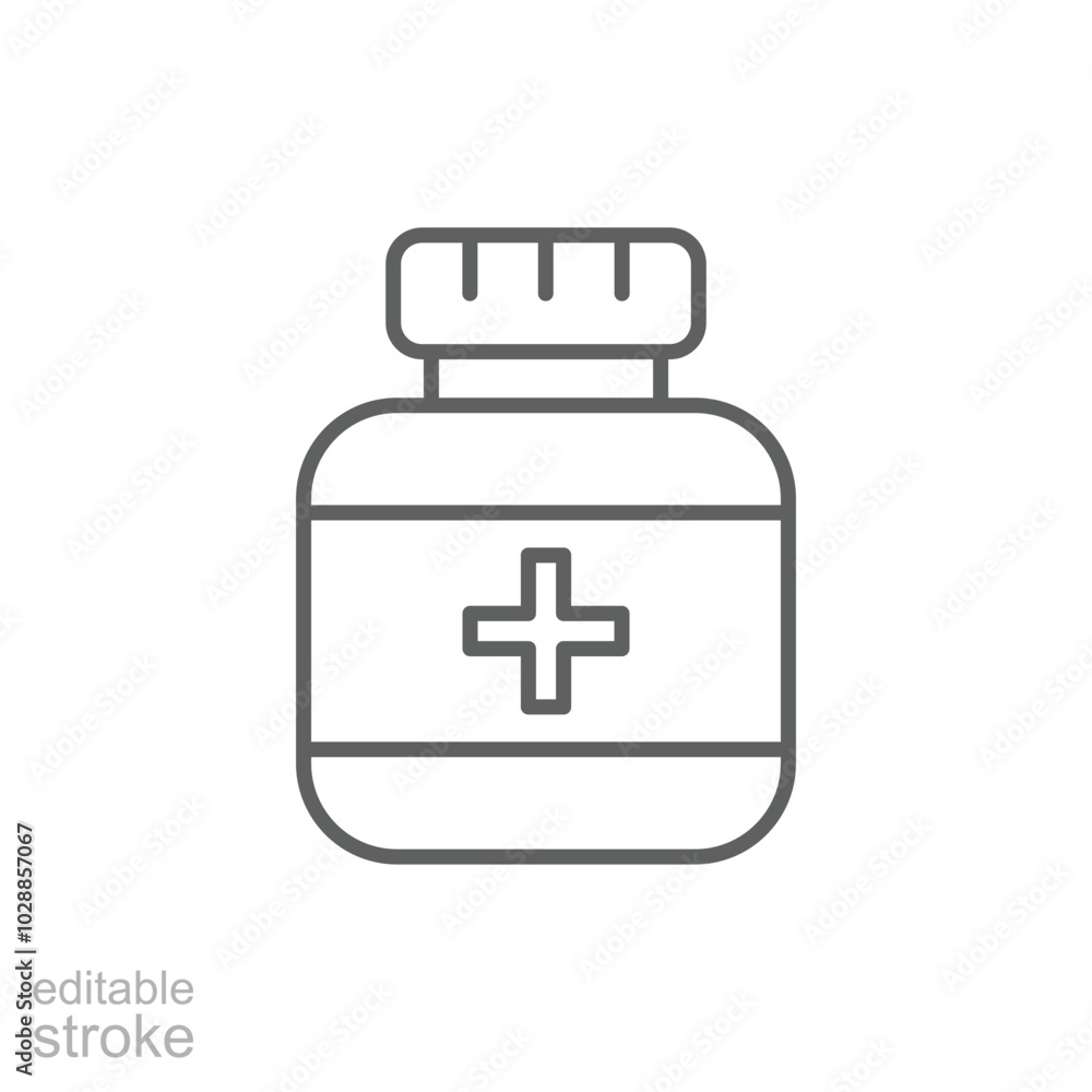Medicine pill icon. simple design for graphics, logos, websites, social media, UI, mobile apps. Bottle with a medical cross. Editable stroke Medicine pill icon. simple design for graphics, logos, websites, social media, UI, mobile apps. Bottle with a medical cross. Editable stroke