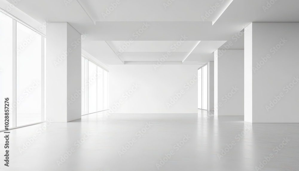 Fototapeta premium Spacious white office interior with natural light-filled windows in an open layout