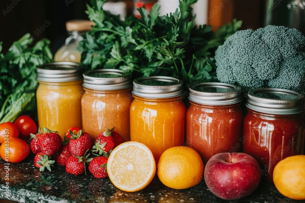 Freshly Made Fruit Juices in Glass Jars with Produce Freshly Made Fruit Juices in Glass Jars with Produce