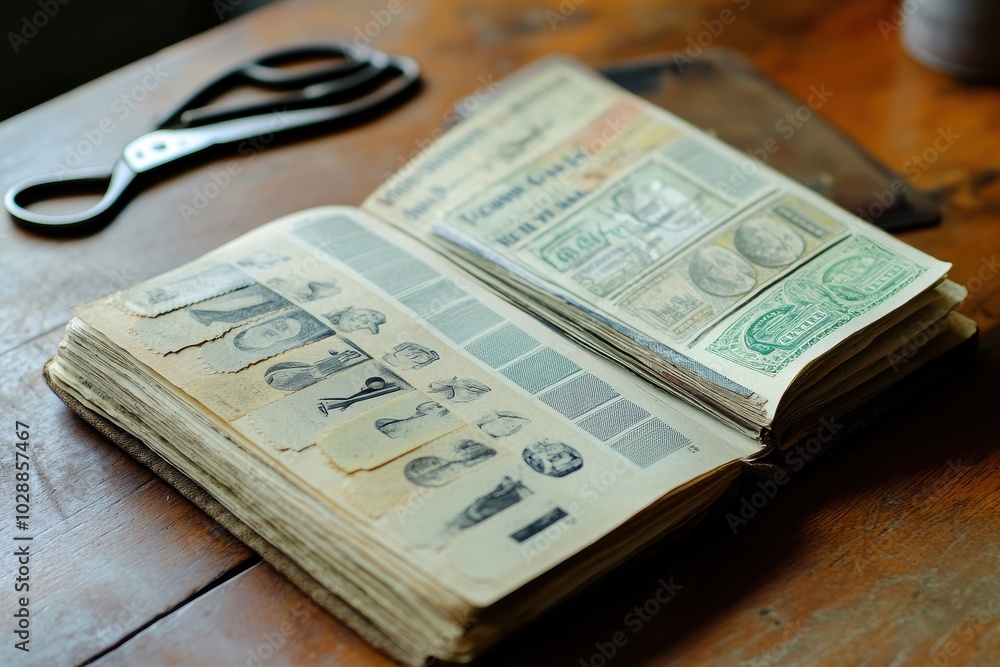 Coupon Booklet: An open coupon booklet on a table, showing various discounts on groceries, with a pair of scissors beside it. Coupon Booklet: An open coupon booklet on a table, showing various discounts on groceries, with a pair of scissors beside it.