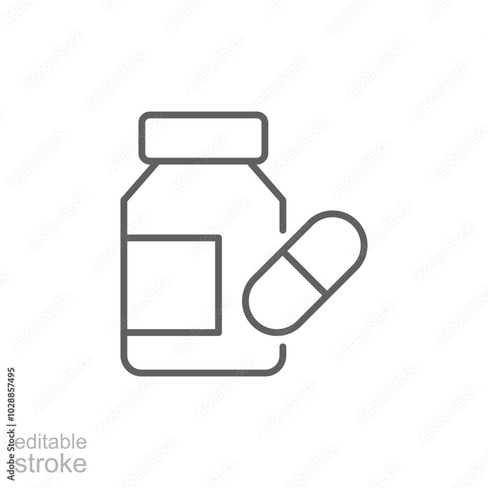 Pill bottle icon. Outline style. isolated. Editable stroke Pill bottle icon. Outline style. isolated. Editable stroke