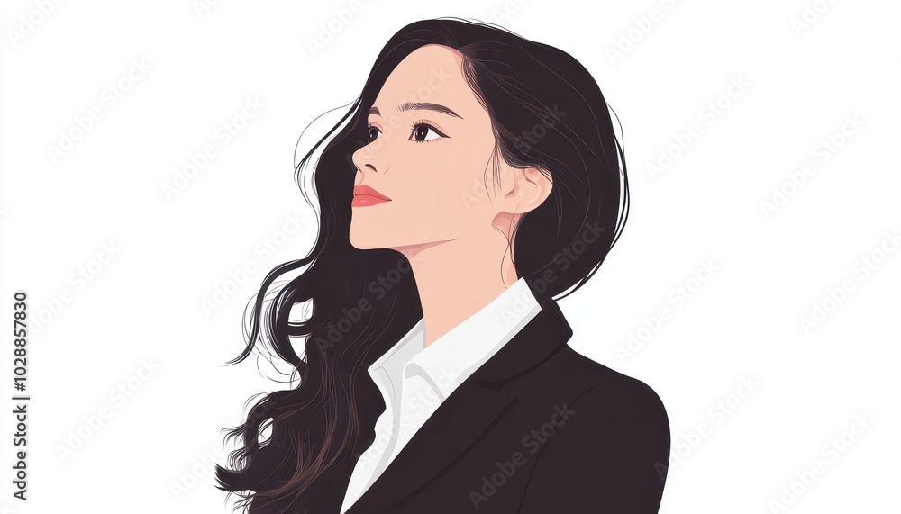 Business woman in a formal outfit standing confidently with an upward gaze Business woman in a formal outfit standing confidently with an upward gaze