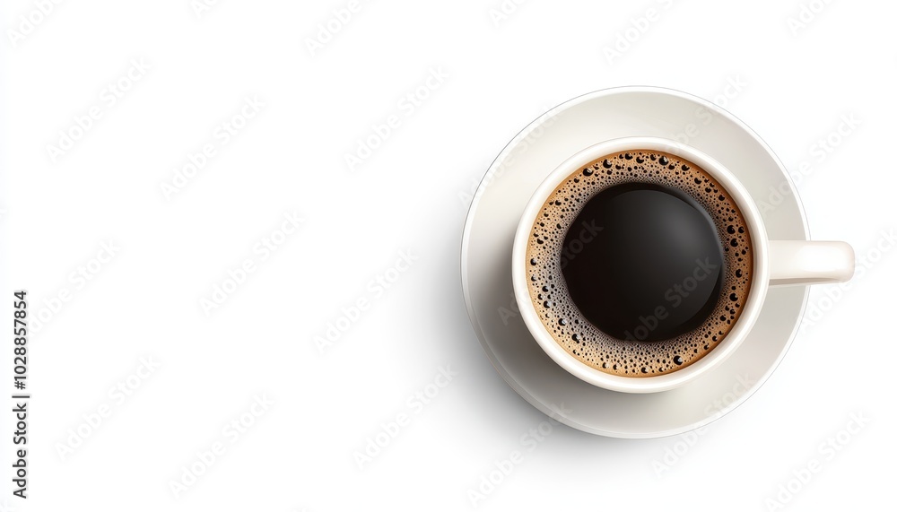 Hot black coffee in a white cup on a clean white background viewed from above Hot black coffee in a white cup on a clean white background viewed from above