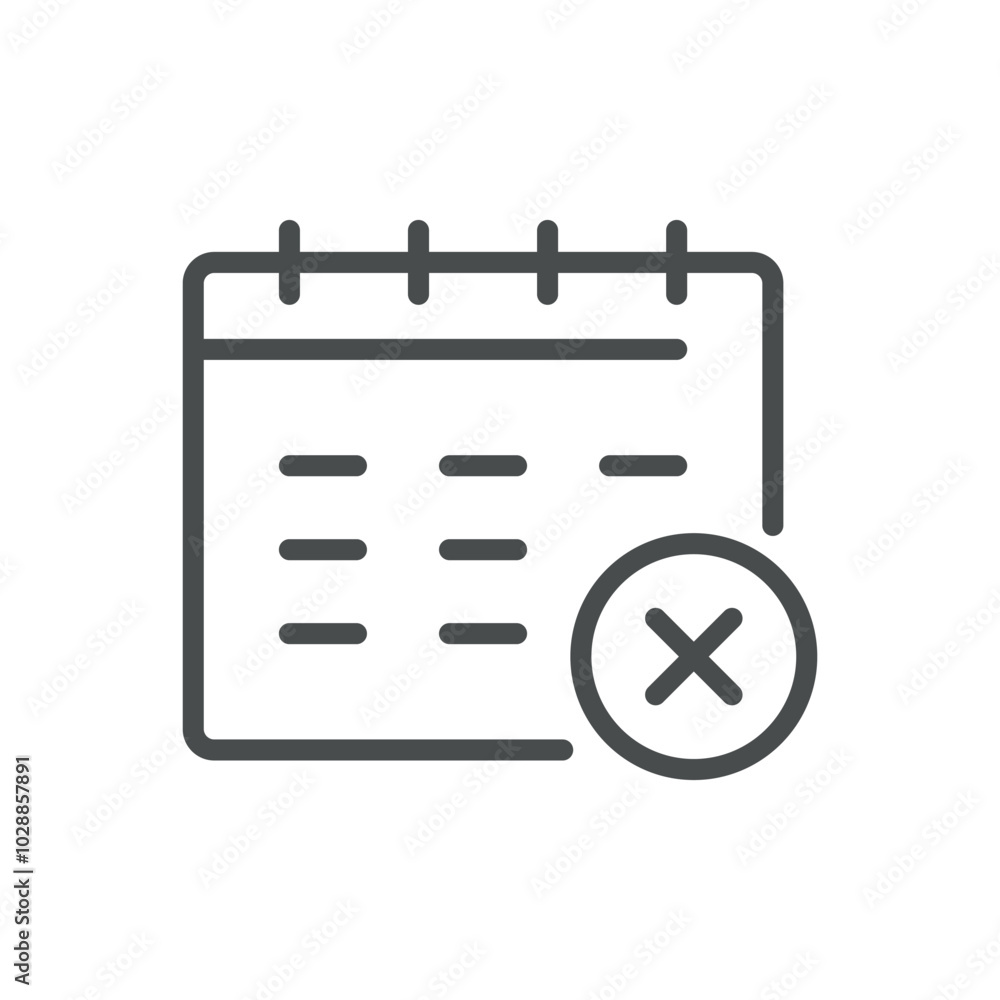 Calendar Icon with Cross Symbol for Event Cancellation, Task Removal, and Schedule Adjustment. Editable Line Vector Calendar Design. Calendar Icon with Cross Symbol for Event Cancellation, Task Removal, and Schedule Adjustment. Editable Line Vector Calendar Design.