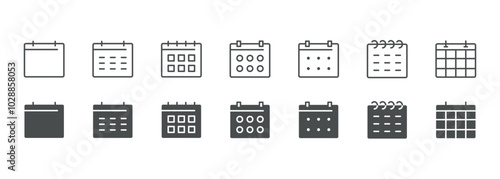 Solid Glyphs and Line Calendar Icon Set, Editable Vector Symbols of Schedule, Agenda, Date Planner, and Reminder for Web and Business Design. Isolated Digital Calendars Buttons