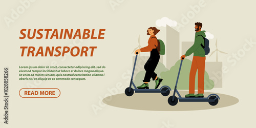 Sustainable Transport Banner Template. Eco-friendly Commute with a Person Rides an Electric Scooter. Promoting Urban Ecology. Vector Illustration.