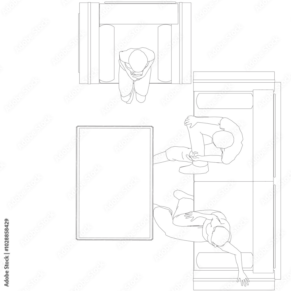 Outline of people sitting on sofa and chair at table. Top view. Vector illustration. Outline of people sitting on sofa and chair at table. Top view. Vector illustration.
