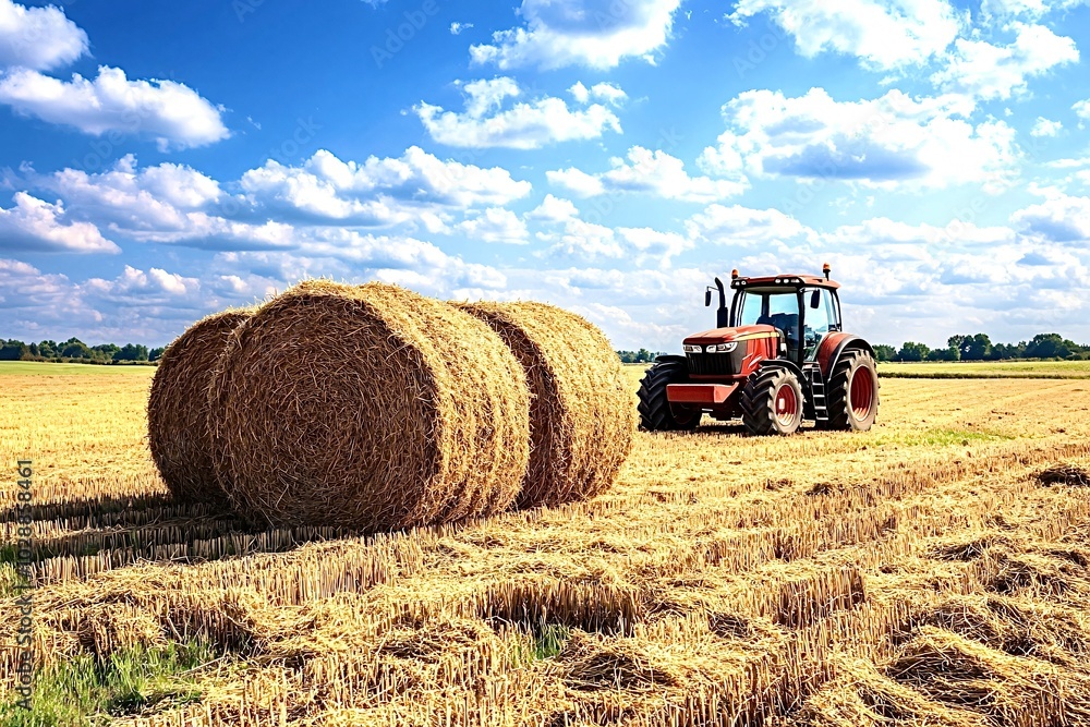 Obraz premium Red tractor standing on a field with hay bales on a sunny day with clouds